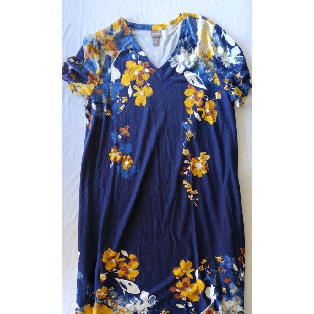Chico's V-neck Short Sleeve Shirt Dress Blue Floral Size 4